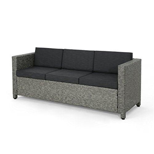 Christopher Knight Home Puerta Outdoor Wicker 3-Seater Sofa, Mix Black / Dark Grey Cushion - CookCave