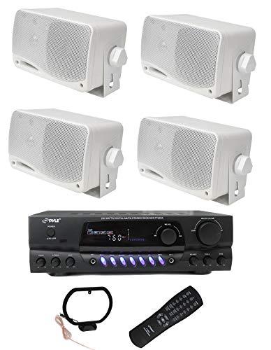 Pyle PLMR24 3.5" 200W Outdoor Speakers 4 Pack with 100 Watt RMS Power, 4 Ohm impedance and PT260A 200W Stereo Theater Receiver 110V with 3 RCA inputs - CookCave