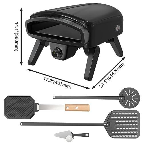 Maharlika Gas Pizza Oven Outdoor 14" Pizza Oven with Built-In Thermometer, Portable Propane Pizza Oven Stainless Steel with Stone, Griddle, Pizza Peel, Turner, Cutter, Carry Bag for Outdoor Kitchen - CookCave