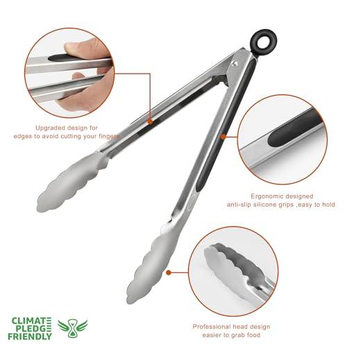 TACGEA Stainless Steel Kitchen Tongs, Silicone Non-slip Grip, Locking Grilling Food Tongs Set of 2, 9-inch & 12-inch - CookCave