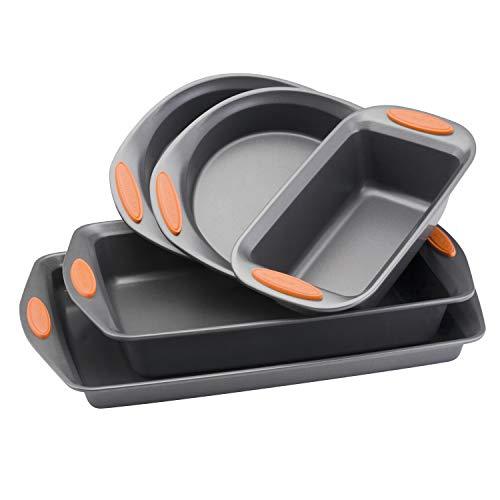 Rachael Ray 55673 Nonstick Bakeware Set with Grips includes Nonstick Bread Pan, Baking Pans and Cake Pans - 5 Piece, Gray with Orange Grips - CookCave