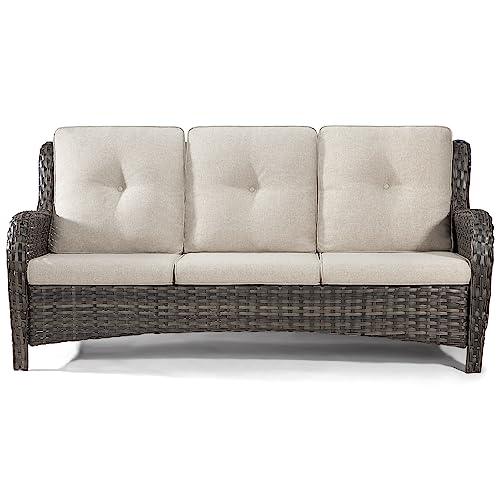 Joyside Outdoor Patio Couch Wicker Sofa - 3 Seater Rattan Sofa for Outside Patio Garden with Deep Seating and Olefin Cushions(Mixed Grey/Beige) - CookCave