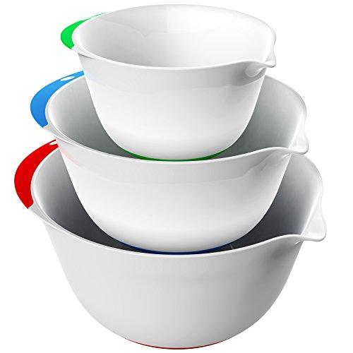 Vremi 3 Piece Plastic Mixing Bowl Set - Nesting Mixing Bowl with Rubber Grip Handles Easy Pour Spout and Non Slip Bottom - Three Sizes Small Large Capacity for Kitchen Baking or Salad - White Multi - CookCave
