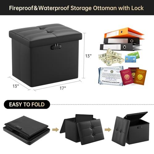 ENGPOW Storage Ottoman with Lock,Fireproof ＆ Waterproof Folding Ottoman Foot Rest Stool Storage Chest with Storage Safe for Important Documents,17 Inches Short Ottoman Foot Stool with Zippers,Black - CookCave