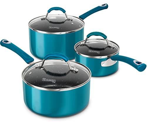 MICHELANGELO Sauce Pan Sets, Enamel Sauce Pan with Lid, 1Qt & 2Qt & 3Qt Saucepans with Lids, Nonstick Saucepan Set, Small Pot with Lid, Non Stick Sauce Pots with Silicone Handle, Oven Safe, Cyan - CookCave