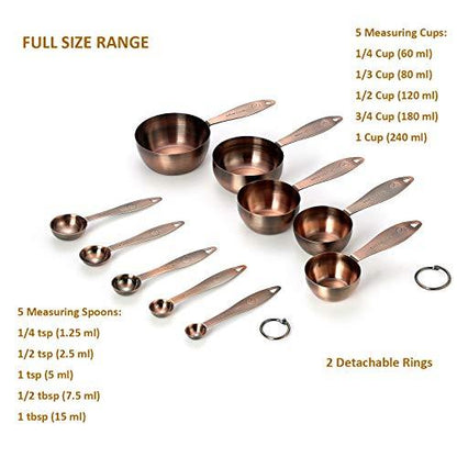 Copper Measuring Cups and Spoons Set, Stainless Steel 10 Piece Set, Stackable 5 Measuring Cups and 5 Measuring Spoons with 2 Rings, Antique Copper Plated - CookCave