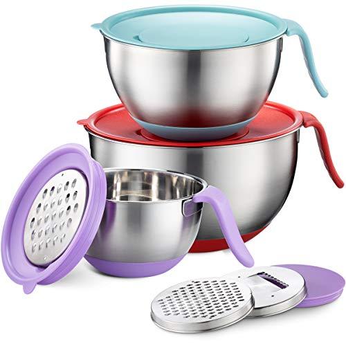 Stainless Steel Mixing Bowls with Lids - Long Handles, Pour Spout, Non Slip Colorful Silicone Bottom, 3 Graters, & Measurement Marks, Ideal for Cooking, Baking & Serving, Food & Salad Prep. (Set of 3) - CookCave
