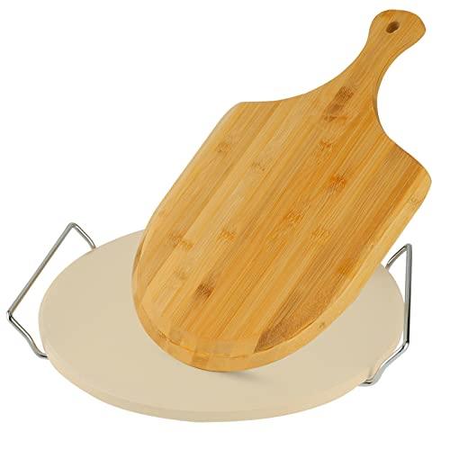 Round Pizza Stone for Oven Baking & BBQ Grilling | 12 x 12" Inch Durable Cordierite Cooking Stone with Free Wooden Pizza Peel & Handles - CookCave