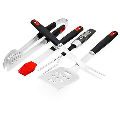 AMZ BBQ CLUB 5-pc Grill Set with, Spatula, Fork, Brush & Thermometer-Fork Combo - Perfect Barbecue Accessories Grill Utensils Set for Outdoor Grill (Red-BBQ-Set) - CookCave