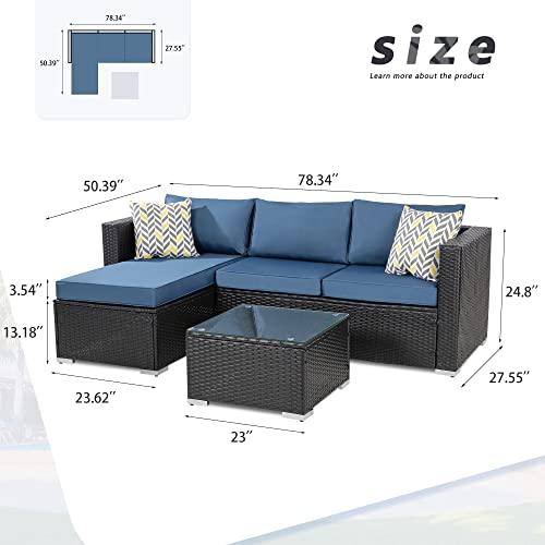 Shintenchi Patio Furniture Sets 3 Pieces Outdoor Sectional Sofa Black All-Weather Rattan Wicker Sofa Small Patio Conversation Couch with Washable Cushion and Glass Table(Aegean Blue) - CookCave