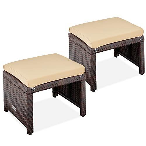 Best Choice Products Set of 2 Wicker Ottomans, Multipurpose Outdoor Furniture for Patio, Backyard, Additional Seating, Footrest, Side Table w/Removable Cushions, Steel Frame - Brown/Beige - CookCave