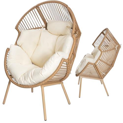 Barton 2-Pieces Stationary Wicker Egg Chair Oversized Egg Seat 350lbs Teardrop Cuddle Cocoon Chair Egg Basket Lounge Chair with Ottoman Indoor/Outdoor, Beige - CookCave