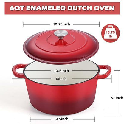 TeamFar 6QT Dutch Oven with Lid, Enameled Cast Iron Dutch Oven Nonstick Stock Pot for Cooking, Stewing, Braising, Roasting, Healthy & Heavy Duty, Double Handles & Sealed Cover, Easy to Clean - Red - CookCave