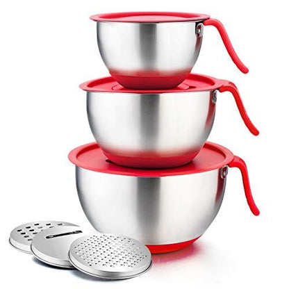 P&P CHEF Mixing Bowls with Lids, Stainless Steel Mixing Bowl Set for Kitchen Mix Cook Bake Prep, With Long Handle, Pour Spout, Non-slip Base, Grater Attachments, Functional Lids -1.5/3/5 QT (Red) - CookCave