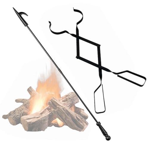 Heavy Duty 32 inch Long Fireplace Fire Pit Poker Stick and 25 Inch Campfire Fireplace Tongs Tool Sets, Log Grabber Fire Pit Tools for Fireplace Wood Stove, Campfire, Bonfires, Indoor & Outdoor Use - CookCave