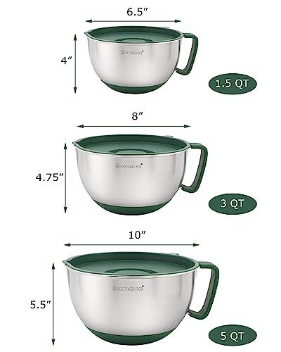 Rorence Mixing Bowls Set: Stainless Steel Non-Slip Bowls with Pour Spout, Handle and Lid - Set of 3 - Green - CookCave