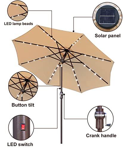 Zersun 9FT Patio Umbrella, Solar Powered LED Umbrellas with 32 LED Lights 8 Ribs/Tilt Adjustment and Crank Lift System for Garden, Backyard and Pool - Tan - CookCave