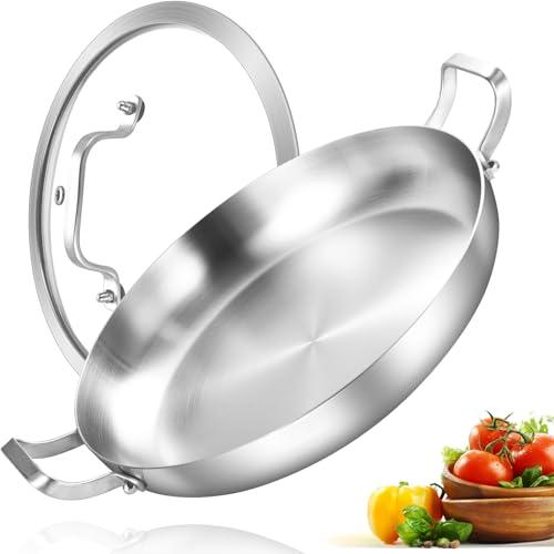 Inqibee 14-Inch Tri-Ply Stainless Steel Paella Pan with Lid,Large Skillet,Griddle,Large Saute Pan with Lid,Jumbo Cooker,Induction Pan,Dishwasher and Oven Safe. - CookCave