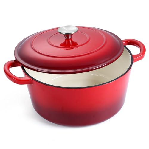 E-far Enameled Cast Iron Dutch Oven with Lid, 6 Quart Round Dutch Oven Pot Nonstick Cookware for Braising, Stews, Roasting, Bread Baking, Cooking, Heavy Duty, Induction & Oven Safe - Red - CookCave