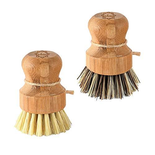 Dish Scrub Brush Bamboo - S&C Kitchen, Cleans Pan/Vegetable/Dishes/Wok, Bamboo Scrub Brush for Kitchen/Bathroom, Made Out of Palm & Sisal Bristles with a Handle, Vegetable Brush for Cleaning, Set of 2 - CookCave
