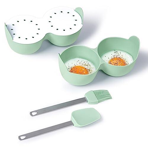 Microwave Egg Poacher, 2 Cavity Silicone Poached Egg Cooker with Lid and Handle for Microwave, Instant Pot and Stovetop, Egg Poacher Cups Kitchen Cooking Tools Dishwasher Safe Pack of 4 (Green) - CookCave