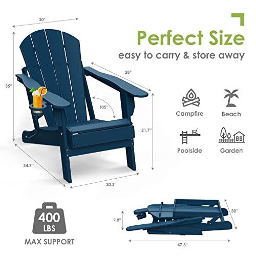 GREENVINES Folding-Adirondack-Chair-Set-of-4, HDPE All Weather Fire Pit Chairs with Cup Holder, Plastic Campfire Chair for Deck Backyard Patio Outdoor Poolside Porch Lawn Outside, Blue - CookCave