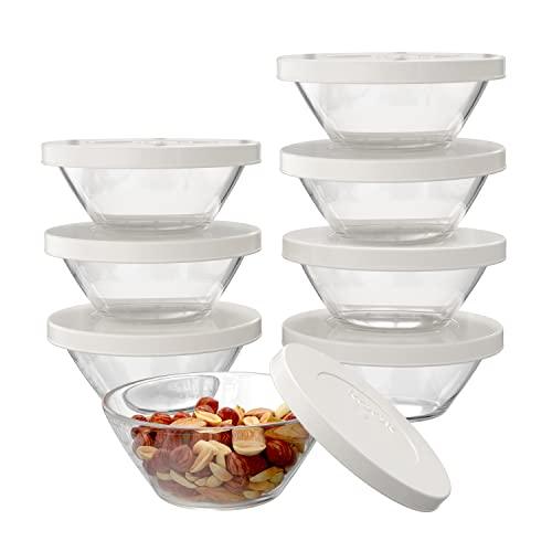 KooK Small Glass Prep Bowls with Lids Set, Clear Mini Food Storage Containers, Perfect for Dips, Microwave & Dishwasher Safe, 7.25 oz, Set of 8 - CookCave