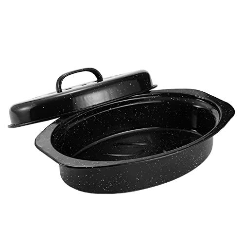 13” Enameled Oval Roasting Pan with Domed Lid - For 7lb Turkey, Chicken, Lamb, Vegetables - CookCave