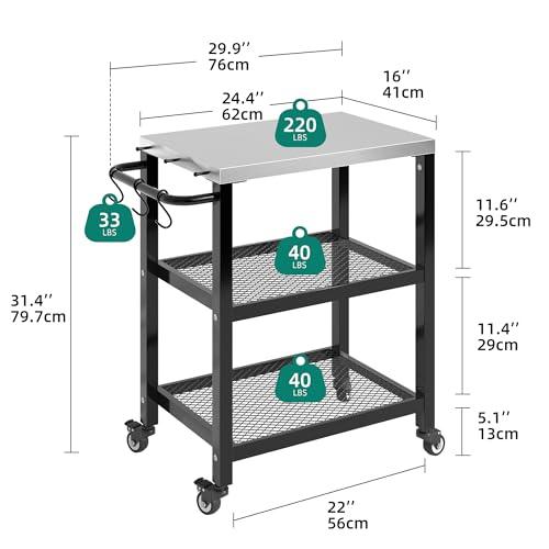 YITAHOME Outdoor Grill Cart Table Patio Food Prep and Work Cart Table Three-Shelf Stainless Steel Flattop Outdoor Cooking Prep Table with Wheels - CookCave