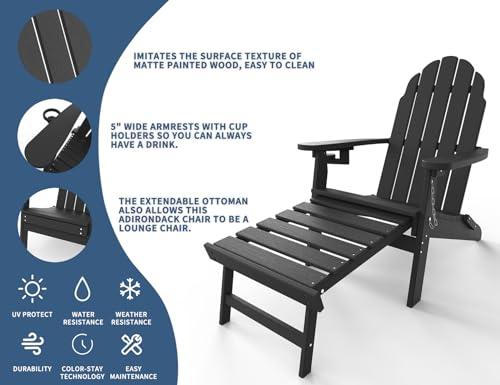 Folding Adirondack Chair with Ottoman, Retractable, Poly Lumber Patio Chairs with Cup Holder, Pre-Assembled Weather Resistant Outdoor Chairs for Porch, Pool, Deck, Backyard, Garden, Black - CookCave