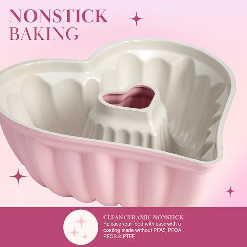 Paris Hilton Heart Shaped Fluted Cake Pan, Cast Aluminum with Clean Ceramic Nonstick Bakeware, Dishwasher Safe, Made without PFAS, PFOA, PFOS & PFTE, 9-Inch, Pink - CookCave