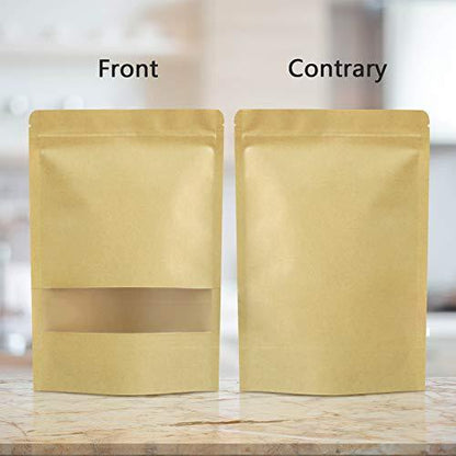 100 Pcs Resealable bags,3.5" x 5.5" Stand Up Kraft Paper Bags with Matte Window, Zip Lock Food Storage Bags for Packaging Products, Reusable, Sealable - CookCave