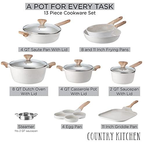 Country Kitchen Induction Cookware Sets - 13 Piece Nonstick Cast Aluminum Pots and Pans with BAKELITE Handles, Glass Lids -Cream - CookCave