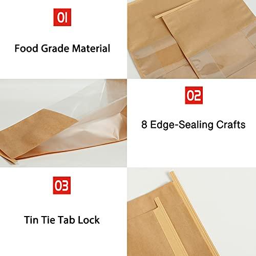 COMIKO 50pcs Bakery Bags with Window- 5.1x4.3x11 Inches Tin Tie Tab Lock Kraft Tin Tie Bags Cookie Packaging Bags Paper Bread Bags Kraft Paper Bags with Window (Brown, 50 Count (Pack of 1)) - CookCave