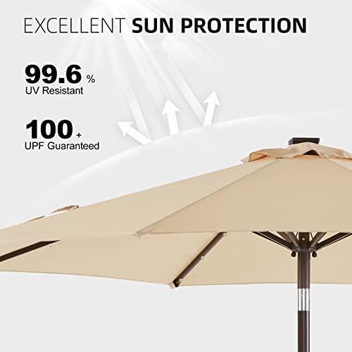 wikiwiki 9ft Outdoor Patio Table Umbrella, Sturdy Solar Led Market Umbrella for Deck, Pool, Garden w/Tilt, Crank, 32 LED Lights - Beige - CookCave