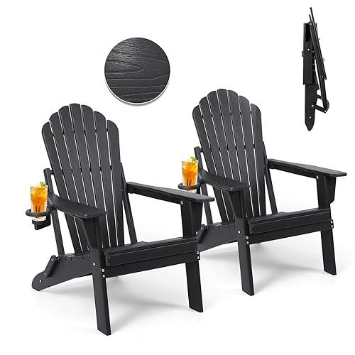 Plawdlik Folding Adirondack Chair Set of 2,SGS Tested,Wooden Textured with Cup Holder,Widened Heavy All-Weather HDPE Comfortable Seating for Ourdoor Black - CookCave