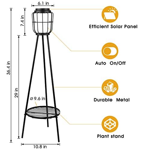 36" Metal Solar Floor Lamp, Solar Lantern with Plant Stand, Solar Light Outdoor Waterproof for Garden Yard Deck Porch Patio Decor - CookCave