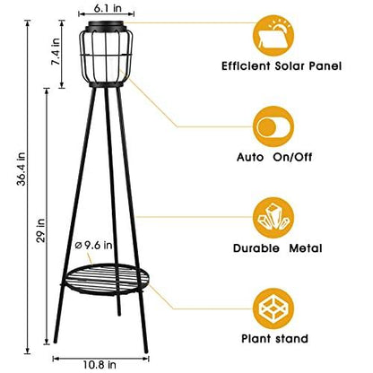 36" Metal Solar Floor Lamp, Solar Lantern with Plant Stand, Solar Light Outdoor Waterproof for Garden Yard Deck Porch Patio Decor - CookCave