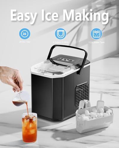 Countertop Ice Maker, Portable Ice Machine with Carry Handle, Self-Cleaning Ice Makers with Basket and Scoop, 9 Cubes in 6 Mins, 26 lbs per Day, 2 Sizes of Bullet Ice for Home Kitchen Office Bar Party - CookCave