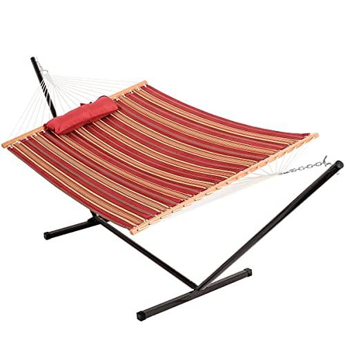 Lazy Daze Quilted Fabric Hammock with 12-Foot Stand, Double 2-Person Hammock with Pillow for Outdoor Outside Patio, Garden, Backyard, 450LB Capacity, Red/Brown Stripe - CookCave