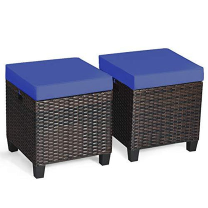 Tangkula 2 Pieces Outdoor Patio Ottoman, All Weather Rattan Wicker Ottoman Seat, Patio Rattan Furniture, Outdoor Footstool Footrest Seat w/Removable Cushions (Navy Blue) - CookCave