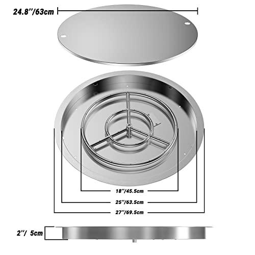 Skyflame 25 Inch Round Stainless Steel Drop-in Fire Pit Pan Fire Bowl with Burner Ring and Protective Cover, DIY Firepit System Assembly Set for Both Natural Gas and Liquid Propane - CookCave