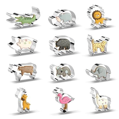 Animal Cookie Cutters for Kids, Safari Zoo Animals 12 PCS Cookie Cutters Set with Lion, Giraffe, Hippo, Panda, Koala, Elephant, Dog, Crocodile, Flamingo etc. (Gift Box) - CookCave