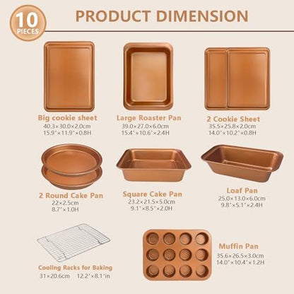 RavisingRidge Baking Pans Set with Nonstick Coating, Professional 10 Pcs Including Cake Pans, Cookie Sheets, Roasting Pan, and Cooling Rack - 0.8mm Thick, Dishwasher Safe, and Heavy Duty - CookCave