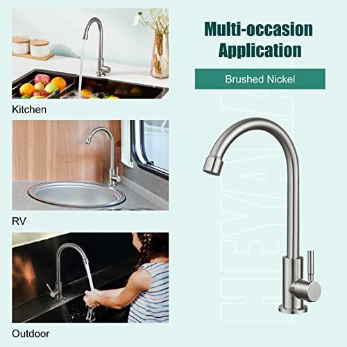 Heyalan Brushed Nickel Kitchen Faucet Cold Water Only 1 Hole Single Handle 360 Degree Swivel Spout Deck Mount High Arc SUS304 Sink Bar Tap Goose Neck with Hose and Longer Thread Pipe - CookCave