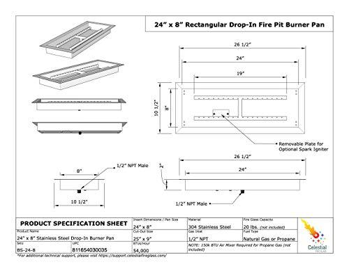 Celestial 24" x 8" Drop-in Fire Pit Pan w/Burner, Stainless Steel, 90,000 BTU, Natural Gas or Propane, for Easy Installation in DIY Outdoor Gas Fire Pits - CookCave