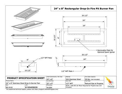 Celestial 24" x 8" Drop-in Fire Pit Pan w/Burner, Stainless Steel, 90,000 BTU, Natural Gas or Propane, for Easy Installation in DIY Outdoor Gas Fire Pits - CookCave