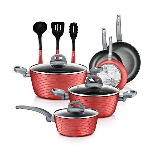 NutriChef 12-Piece Nonstick Kitchen Cookware Set - PTFE/PFOA/PFOS-Free Heat Resistant Lacquer Kitchen Ware Pots Pan Set Dark Gray/Red- Saucepot, Pans, Cooking Pot Oven Pot, Lid, Utensil -NCCW12RED - CookCave