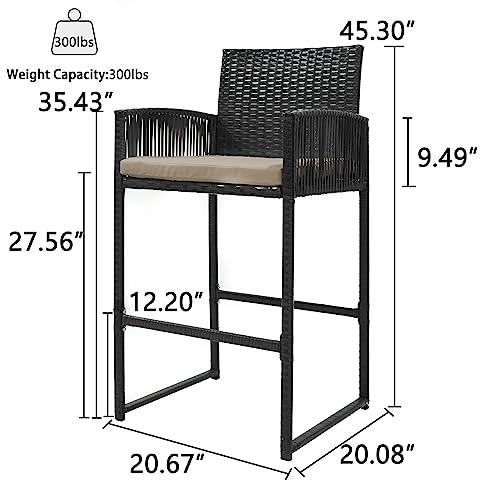 Usinso Outdoor Bar Stools Set of 2, Rattan Bar Height Chairs with Armrests, Footrests, Cushion Beige, All-Weather Wicker Woven Stools for Garden, Backyard, Poolside, Deck(Brown) - CookCave