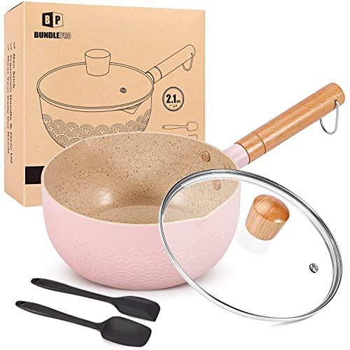 2.1 Quart Saucepan Set with Lid, Nonstick Aluminum Sauce Pot, Induction Compatible Small Cooking Pots with Silicone Spatulas for Milk, Soup, Pasta, Egg, Rice (PINK) - CookCave